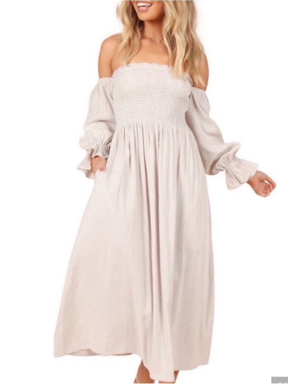 Petal & Pup Beige Striped Off-Shoulder Maxi Dress